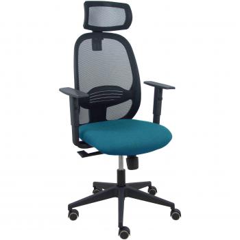 Silla de oficina ergonómica con malla negra y asiento verde petróleo