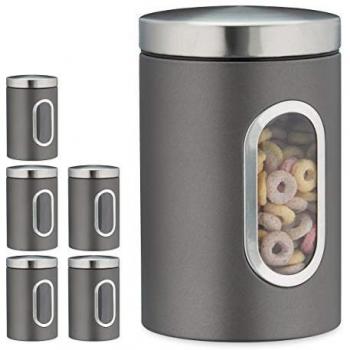 Set de 6 Recipientes de Almacenamiento Metálicos con Tapa y Ventana, 1.4 l, para Café, Harina y Pasta - Color Gris