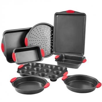VEVOR 8-Piece Nonstick Carbon Steel Baking Pan Set with Silicone Handles, Stackable Bakeware for Cookies, Cakes, Muffins, Black