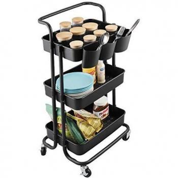 alvorog Carrito Auxiliar con 3 Niveles, Carrito de Cocina con Bloquear Ruedas y Asa Desmontable, Montaje Fácil, Carro de Almacenamiento Multifuncional para Cocina, Baño, Oficina - Negro