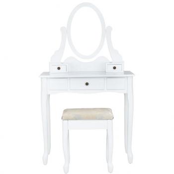 LANGRIA Tocador Mesa Maquillaje con Espejo Ovalado Ajustable Giratorio de 360 Grados, 3 Cajones y Taburete Acolchado Tapizado Jacquard Estilo Romántico