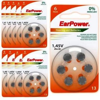 EarPower - Lote de 10 placas de 6 pilas, tamaño 13, para aparatos auditivos y audífonos, sin mercurio