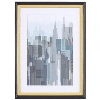 Cuadro de Pared Enmarcado Rascacielos Azul y Gris con Marco Dorado y Negro 60 x 80 cm Estilo Industrial Minimalista Bamako