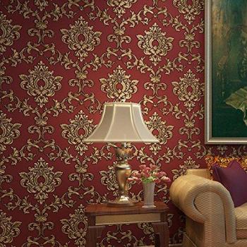 Non-Woven tela, papel tapiz, la trama de fondo, papel de pared, 3D, relieve, profundidad tridimensional, Damasco, dormitorio, sala de estar,100507 Rojo oscuro