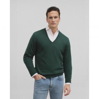 Silbon - Jersey de hombre verde cuello pico clásico y elegante