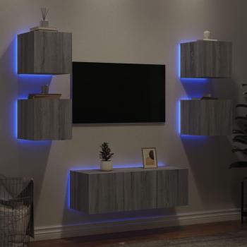Mueble de TV pared con LED 6 piezas madera ingeniería gris Sonoma