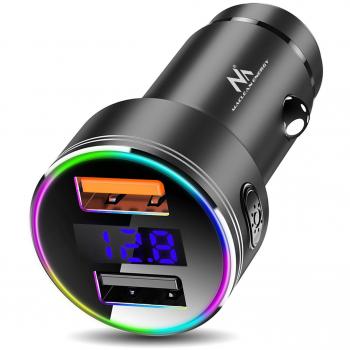Cargador de Coche Maclean MCE375 Doble USB con Pantalla, Aluminio, Voltímetro, 1x QC 3.0, 1x 5V/2.4A, LED RGB