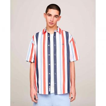 Camisa de hombre Tommy Jeans Relaxed Fit de manga corta con logo y rayas multicolores, talla S