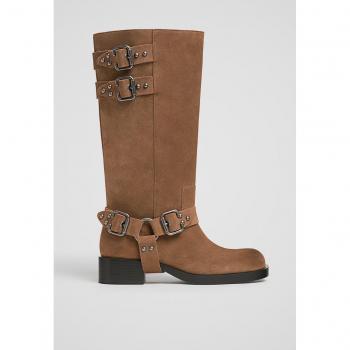 Stradivarius Flat Leather Biker Boots with Buckles Beige