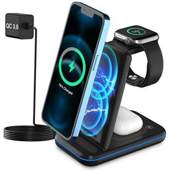 Cargador inalámbrico, estación de Carga rápida Plegable 3 en 1 de 18 W para iPh 13 12 11 / Pro/Mini/SE / 11 / X/XS/XR, iWatch y Cargador AirPods
