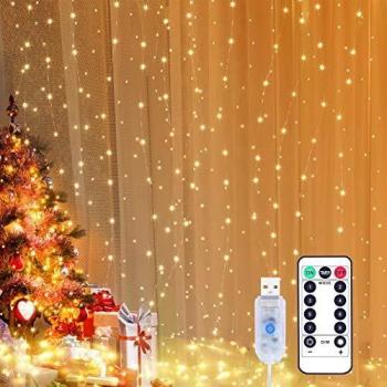 Yizhet Luces de Cadena de Cortina 3m x 3m 300 LED Cortina Luces Luz de Cortina con Mando 8 Modos Impermeable Cortina Luces Navidad para Decoración Bodas Fiestas Interior