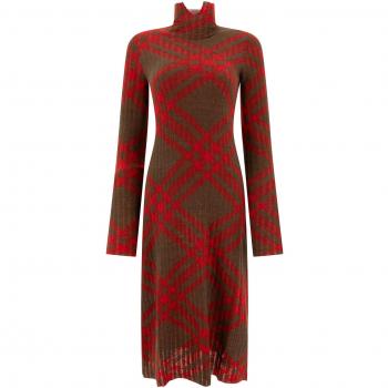 Burberry Women's Check Wool Blend Dress in Green, Size Medium, 8093580, Knitted Dresses, Female, Multicolor, Check Print Ribbed Dress Long Sleeve