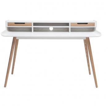 Escritorio nórdico de madera y blanco con 2 cajones, L140 cm, modelo OPUS