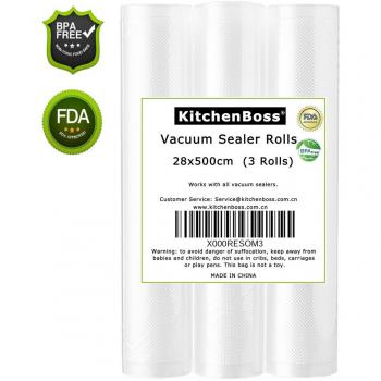 KitchenBoss Bolsas Vacío para Alimentos Profesionales 3 Rolls 28x500cm con Caja de Corte