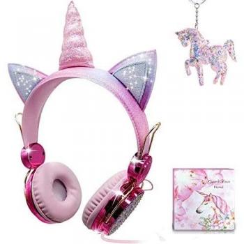 Auriculares Unicornio para Niña,Auriculares Oreja de Gato de 85dB Volumen Limitado con Mic para Niños Navidad/Fiestas/Regalos de cumpleaños