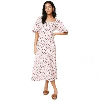 Petite Ivory Ditsy Ruched Front Puff Sleeve Midi Dress - Size 10 UK