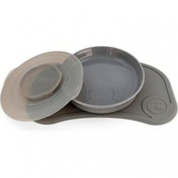 Twistshake Click-Mat Mini 31 x 17 cm Mantel Individual Placa de Alimentación para Mayoría Bandejas para Tronas + Plato Sellado con Tapa Alimentación para Bebés, Vajilla, Sin BPA, 6+ Meses, Gris Pastel