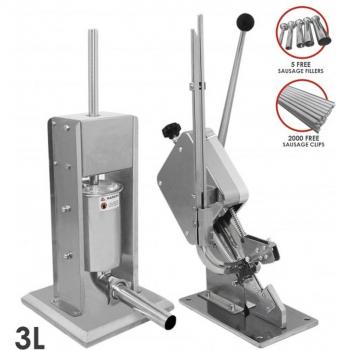 Set Embutidora y Cortadora de Salchichas Manual de 3 Litros, Acero Inoxidable, 5 Boquillas de Relleno, Incluye 2000 Clips en Forma de U