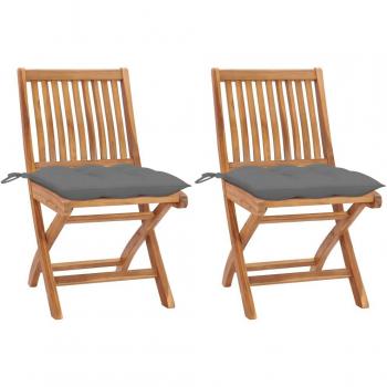 Teak Wood Garden Chairs Set of 2 with Gray Cushions