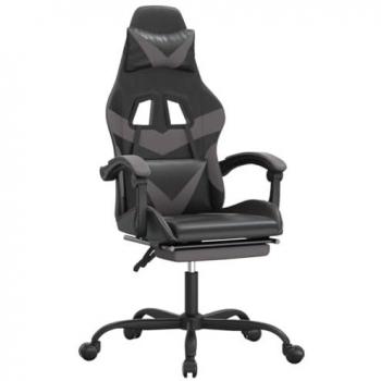 Silla gaming giratoria y reposapiés cuero sintético negro gris con reposabrazos, inclinación alta ajustable y ruedas para oficina y sala de estar