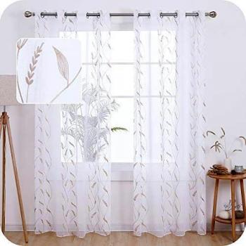 Amazon Brand - Umi Cortinas Salon Translucidas de Dibujos Espiga de Trigo con Ollaos 2 Piezas 140x290cm Lino