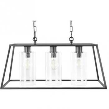 Lámpara de Techo Moderna de Metal Negro 117 cm con Estructura de Jaula y 3 Pantallas Cilíndricas de Vidrio