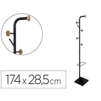 Perchero Metálico Q-Connect Negro con Detalles de Madera 6 Colgadores y Paraguero 174x28,5 cm