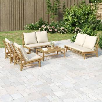 5-Piece Bamboo Garden Lounge Set with Cream White Cushions