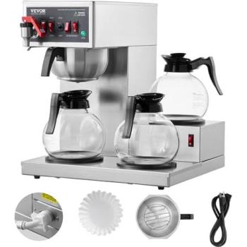 VEVOR 12-Cup Commercial Drip Coffee Maker with 3 Glass Carafes and 3 Warmer Plates, Stainless Steel for Restaurant, Office, Cafe