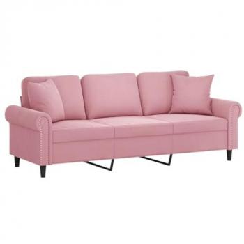 Sofá de 3 Plazas en Terciopelo Rosa con Cojines Decorativos - 180 cm