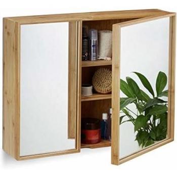 Armario de baño de bambú con espejo grande, 2 puertas, montado, HxLxP: 50x65x14 cm, natural