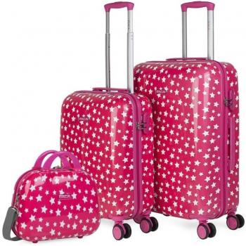 Itaca Stars Juego de Maletas Infantiles Rígidas, 2 Piezas, Policarbonato Estampado, Color Fucsia con Neceser, Tamaños Cabina y Mediana 50/60 cm Modelo