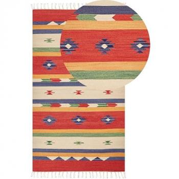 Alfombra Kilim de Algodón Rojo Beige 80 x 150 cm, Geométrica, Reversible con Borlas, Hecha a Mano