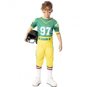 Disfraz de Jugador de Fútbol Americano Verde para niño, incluye camiseta verde con número y pantalones cortos a juego, protector de hombros acolchado, casco decorativo y detalles en blanco