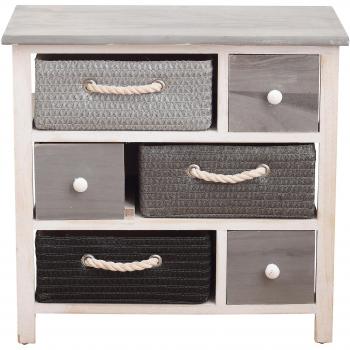 Cómoda Shabby 6 Cajones Mueble de Baño Moderno 53x56x27, Chifonier baja con 6 cajones en madera y tela gris y blanco, Cajonera Comoda 6 Cestas