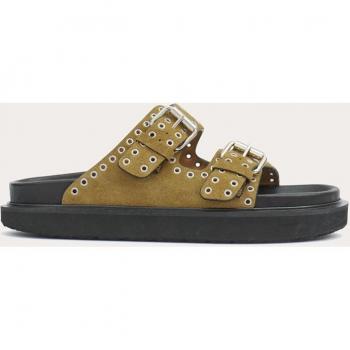Isabel Marant Lennyo Beige Suede Flat Sandals with Eyelet Buckle Straps