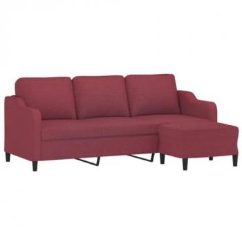 Sofá de 3 plazas con taburete en tela rojo tinto 180 cm, incluye asiento con respaldo y reposabrazos, ideal para salón y descanso