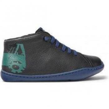 Camper Peu Cami Twins Kids Botines de Piel Negro con Cordones y Dibujo Lateral