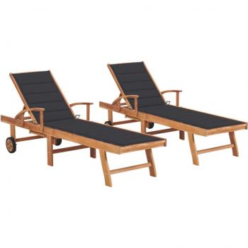 Teak Wood Sun Loungers Set of 2 with Anthracite Cushions and Table
