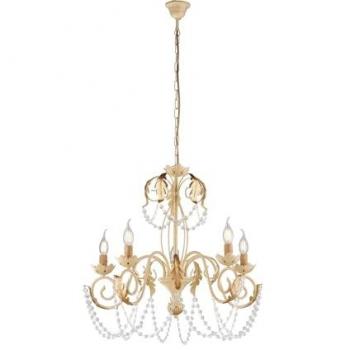 Lámpara de Araña Shabby Damasco 5 Luces Hierro Marfil Decape y Oro con Cristales 63x h65 cm