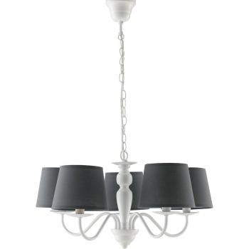 Candelabro Favola de 5 bombillas con pantallas de tela blanca, metal, dimensiones 56x30cm