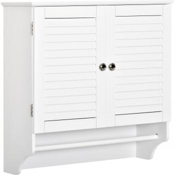 Armario de Baño de Pared Kleankin con 2 Puertas de Persiana, Estante Interior y Barra de Toallero, Mueble Auxiliar Suspendido Blanco, Dimensiones 60x23x60 cm