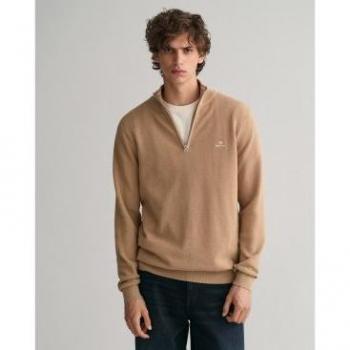 GANT Men's Cotton Pique Half Zip Jumper - Dark Khaki - Size L