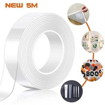 Kuyang Cinta Adhesiva de Doble, 5M Transparente Doble Cara Cinta Adhesiva de Pared Fuerte , Reutilizable Antideslizante de Gel Fuerte Lavable para Fijar Moquetas, Muebles,Alfombras, Marcos de Fotos