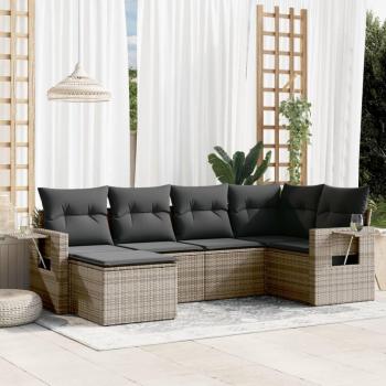6-Piece Grey Poly Rattan Garden Sofa Set with Cushions