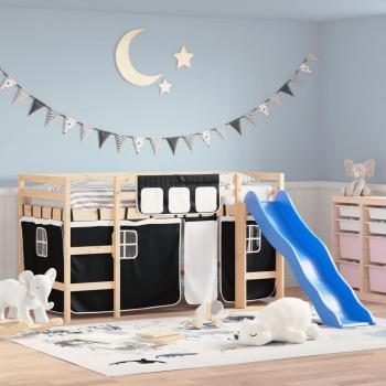 Cama loft infantil con cortinas blancas y negras 90x190 cm de pino