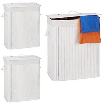 Cesto de Ropa Sucia Plegable de Bambú con Tapa y 2 Compartimentos - 95 L, Blanco (Juego de 3)