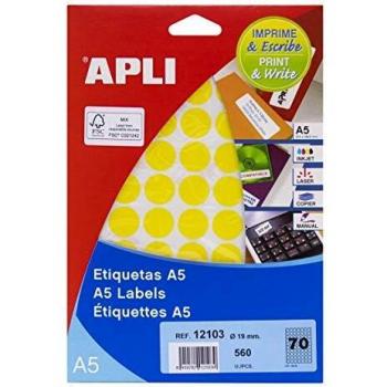APLI 12103 - Etiquetas A5 amarillas Ø 19,0 mm 8 hojas