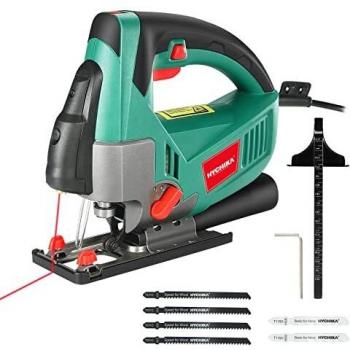 Sierra de Calar 750W, HYCHIKA Caladora con Láser, 3000SPM Motor de Cobre, ±45°Corte, 6 Velocidades Ajustables, Sierra Calar Eléctrica con 6 Hojas para Cotar Metal, Madera y Plástico