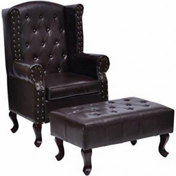 vidaXL Sillón Clásico Botones Reposapiés Cuero Artificial Marrón Asiento Salón